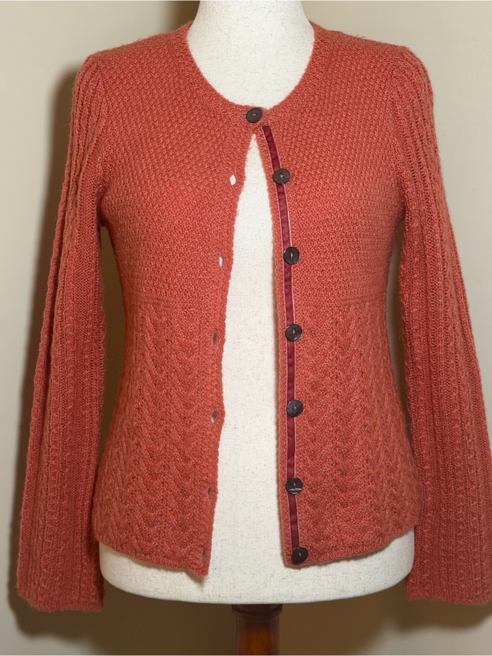 Sundance Women’s XS Wool Blend Cardigan Rust Coral Mixed Knit Velvet Trim